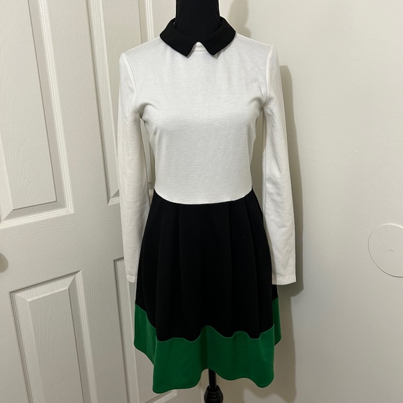 ASOS White Black and Green Color-block Long Sleeve Collared Dress Size 6 - Picture 1 of 4